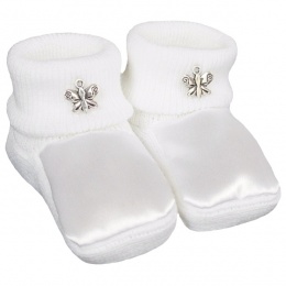 Baby Girls White Satin Silver Butterfly Booties